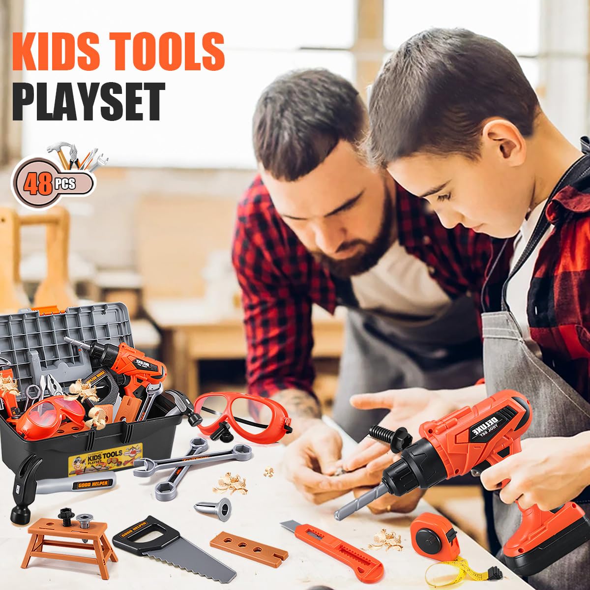 Zealous Toys Kids Tool Set - 48 pcs with Toolbox & Electric Drill (A-Orange)