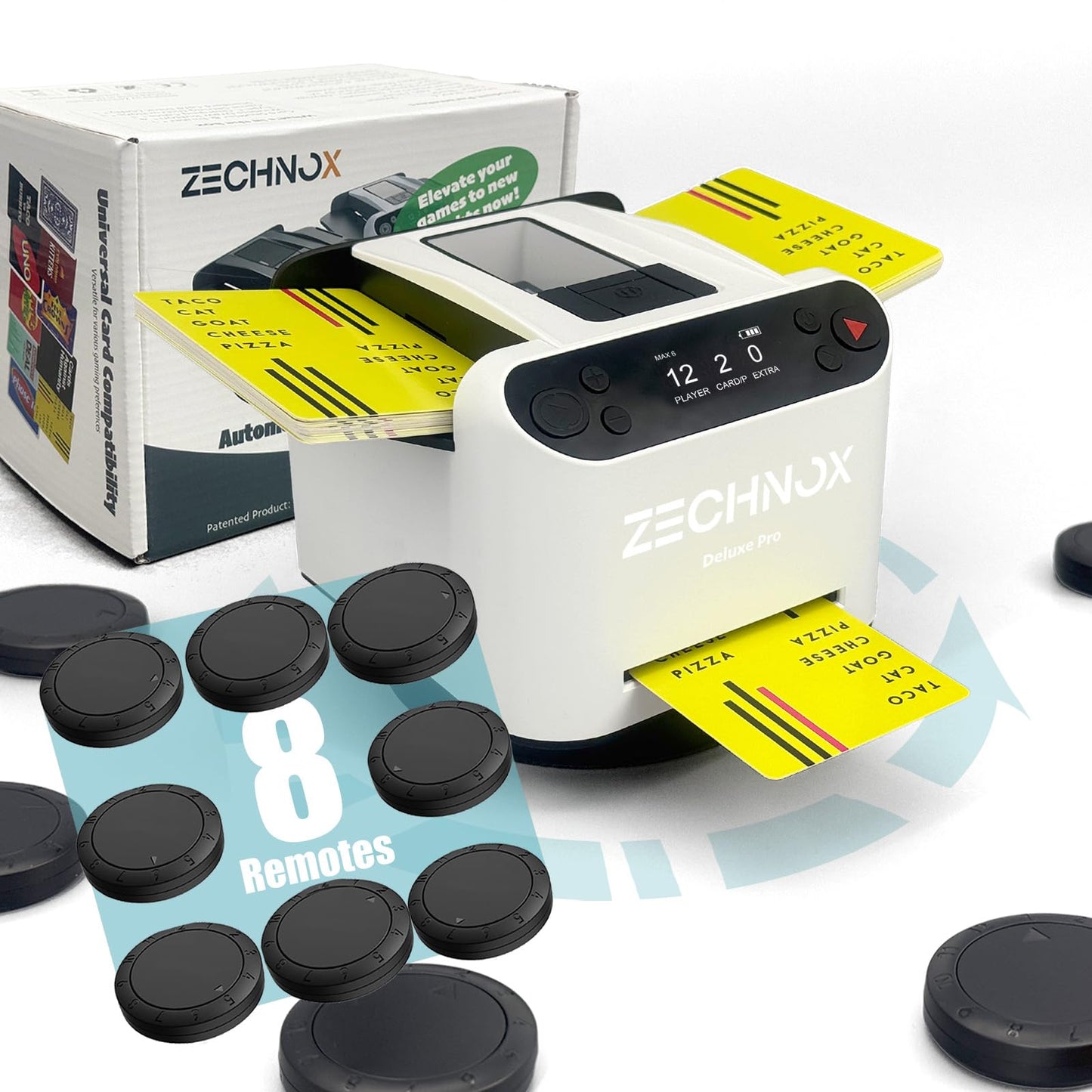 ZechnoX 2025 Smart 2-in-1 Card Shuffler & Dealer – 12-Player, 360° Rotation, Ultra Quiet, Rechargeable (EU White + 8 Remotes)