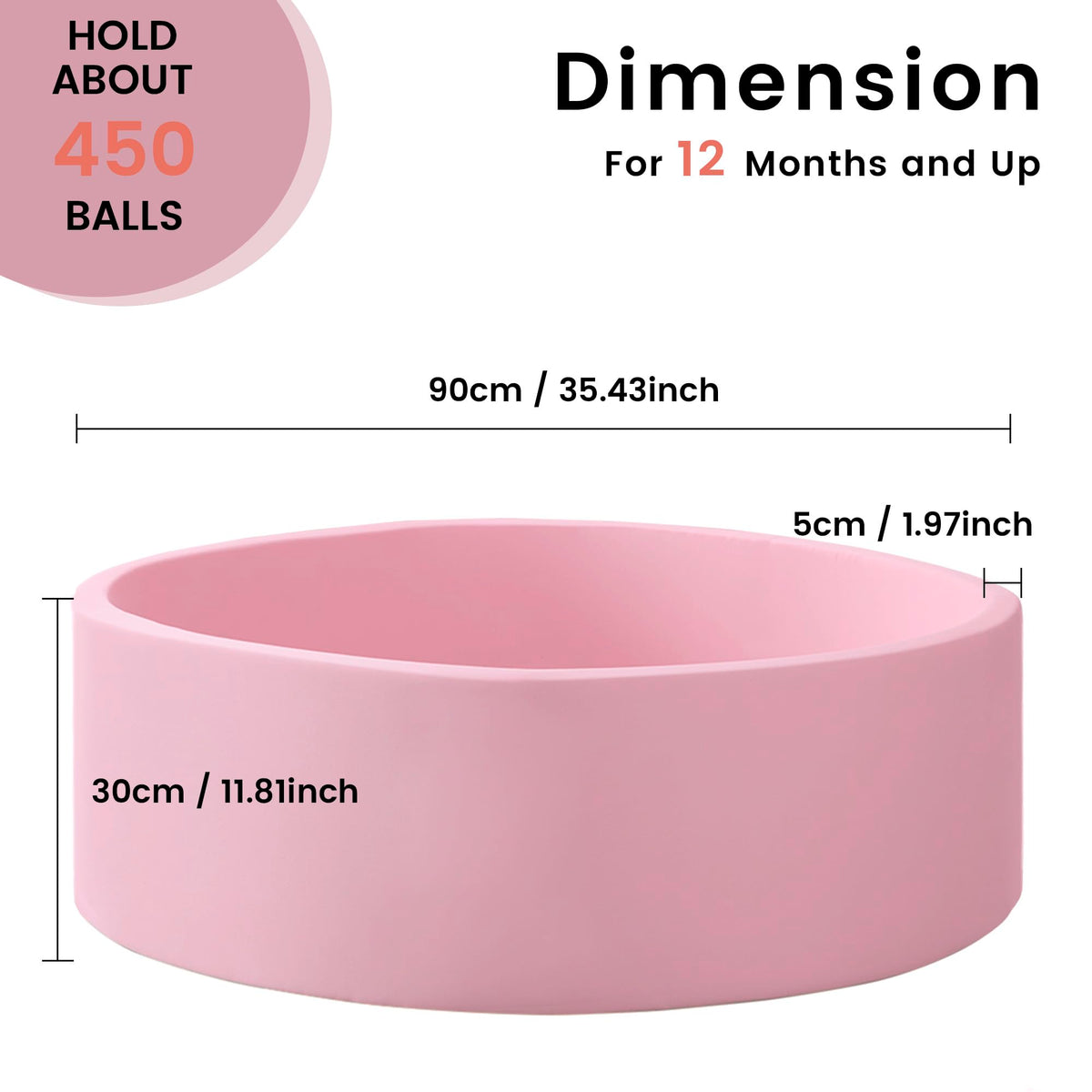 Zedachica Ball Pit for Toddlers — 35.43''x11.81'' Round, Soft Memory Foam, Pink (NO Balls)