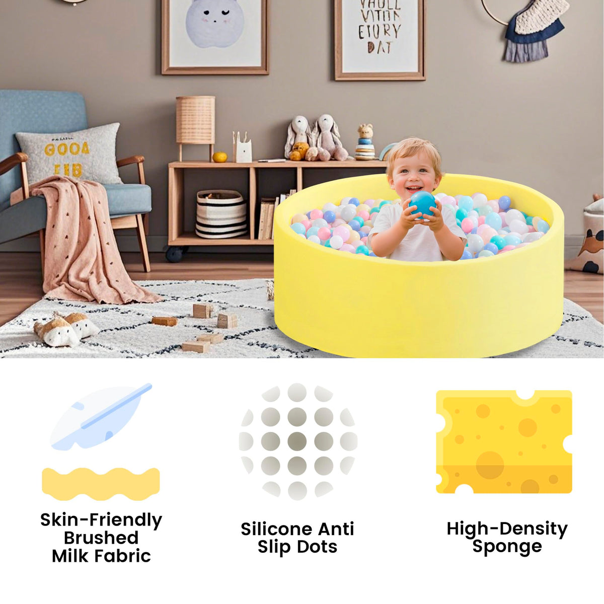 Zedachica Ball Pit for Toddlers 35.43'' Round – Soft Memory Foam, Yellow (No Balls Included)