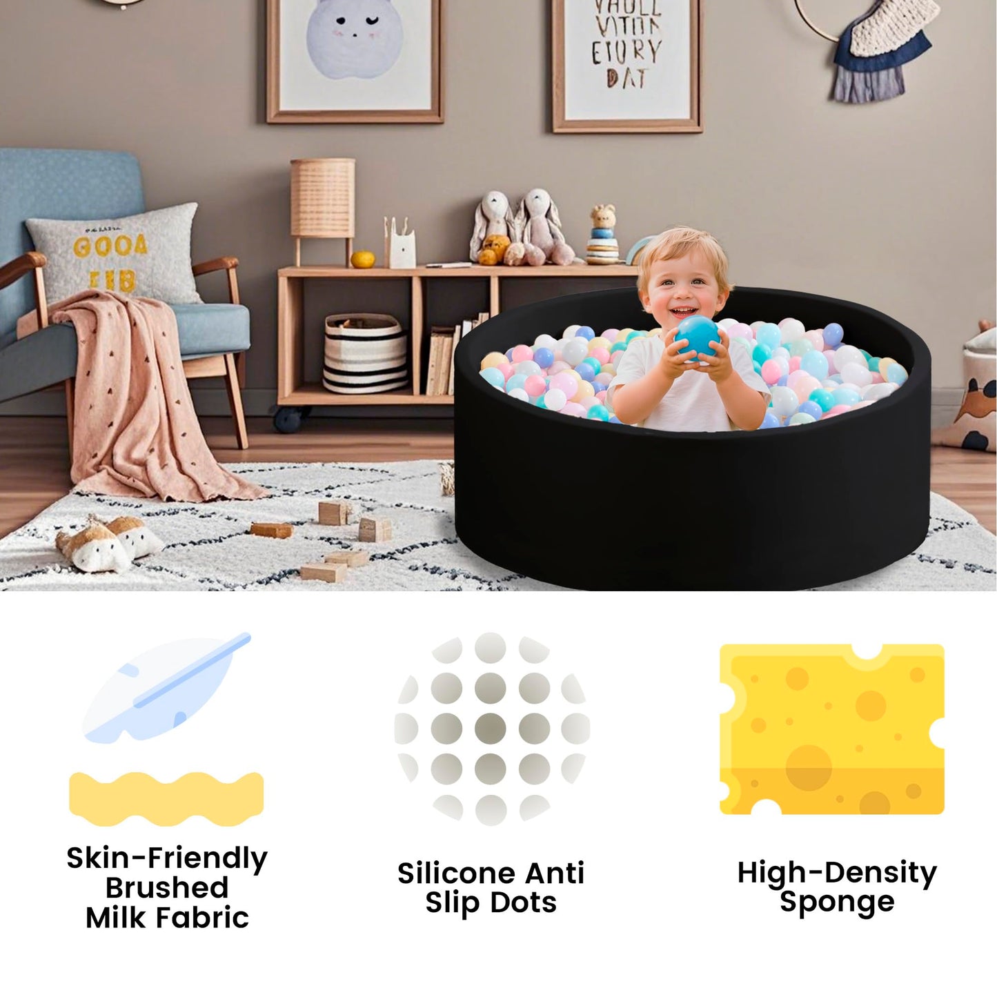 Zedachica Ball Pit for Toddlers - Black, Soft Memory Foam, Easy Clean, 35.43 x 11.81 Inches