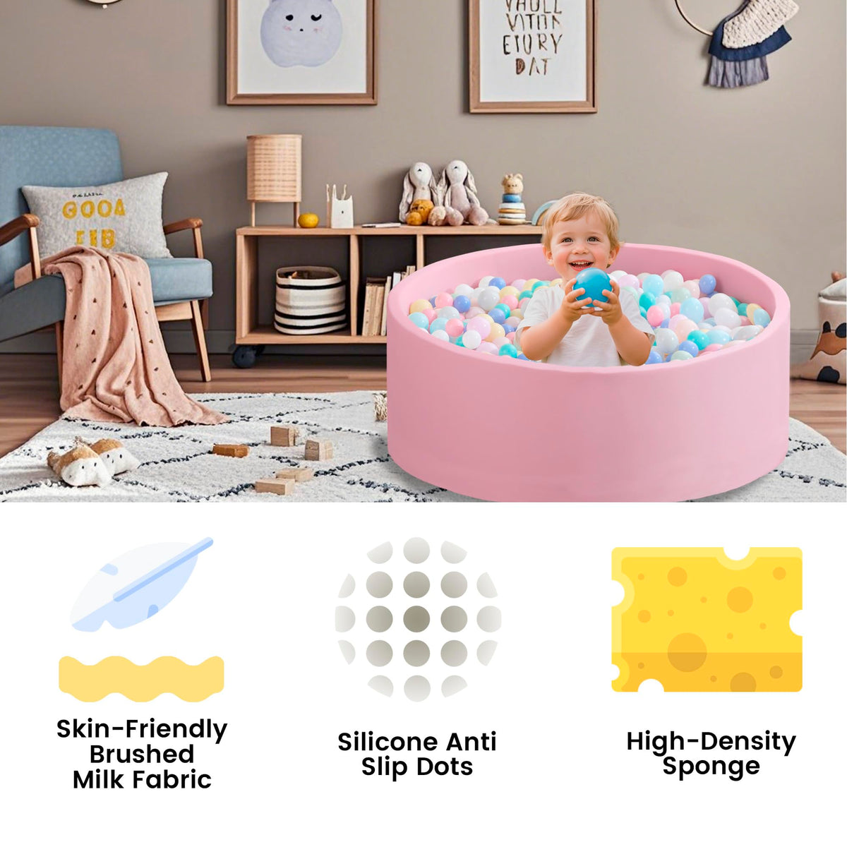 Zedachica Ball Pit for Toddlers — 35.43''x11.81'' Round, Soft Memory Foam, Pink (NO Balls)