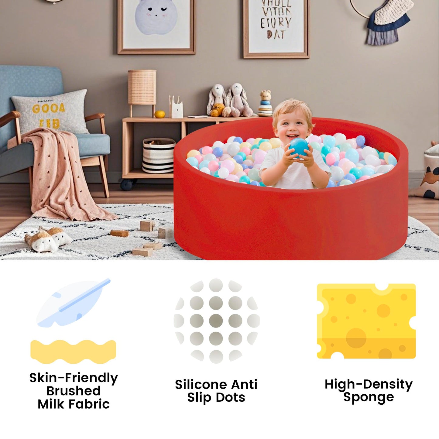 Zedachica Ball Pit for Toddlers – 47.24 in Diameter x 15.75 in Height, Soft Memory Foam Ball Pool (Red) No Balls Included