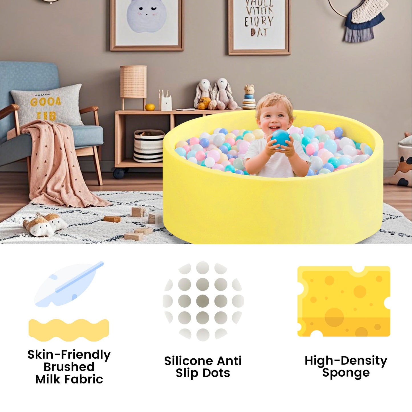 Zedachica Ball Pit for Toddlers - 47.24in x 15.75in Foam Ball Pit, Soft Safe Private Play Space (Yellow, No Balls Included)