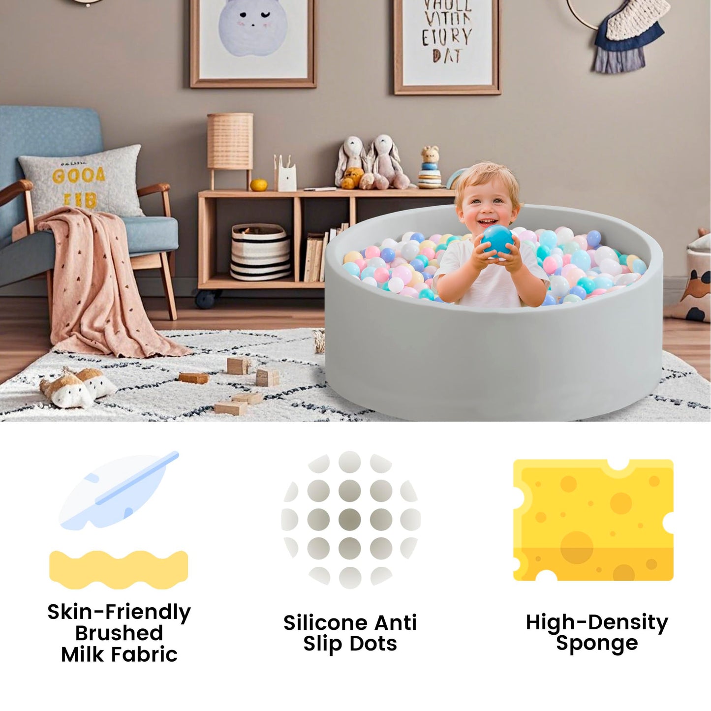 Zedachica Ball Pit for Toddlers 35.43 x 11.81 inches | Soft Memory Foam Round Ball Pit (Grey, NO BALLS)