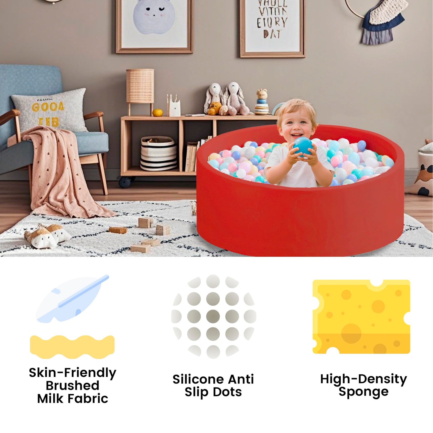 Zedachica Ball Pit for Toddlers — Soft Memory Foam Round Pool, Red (No Balls), 35.4'' x 11.8''