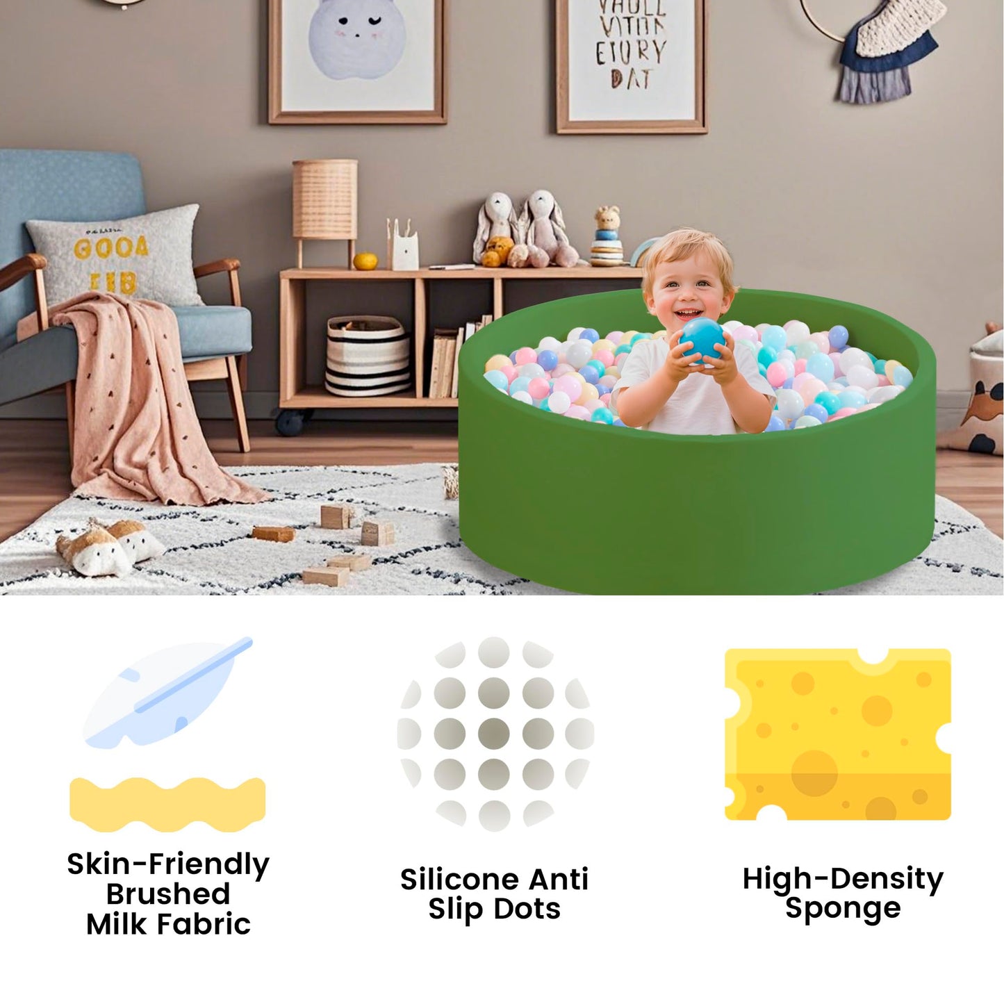 Zedachica Ball Pit for Toddlers – 35.43'' x 11.81'' Green Soft Memory Foam Play Pit (No Balls)
