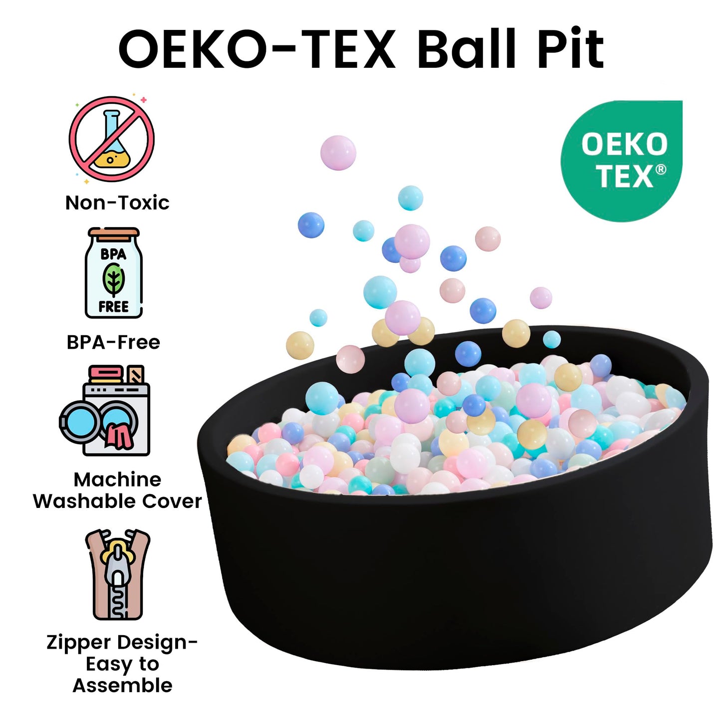 Zedachica Ball Pit for Toddlers - Black, Soft Memory Foam, Easy Clean, 35.43 x 11.81 Inches