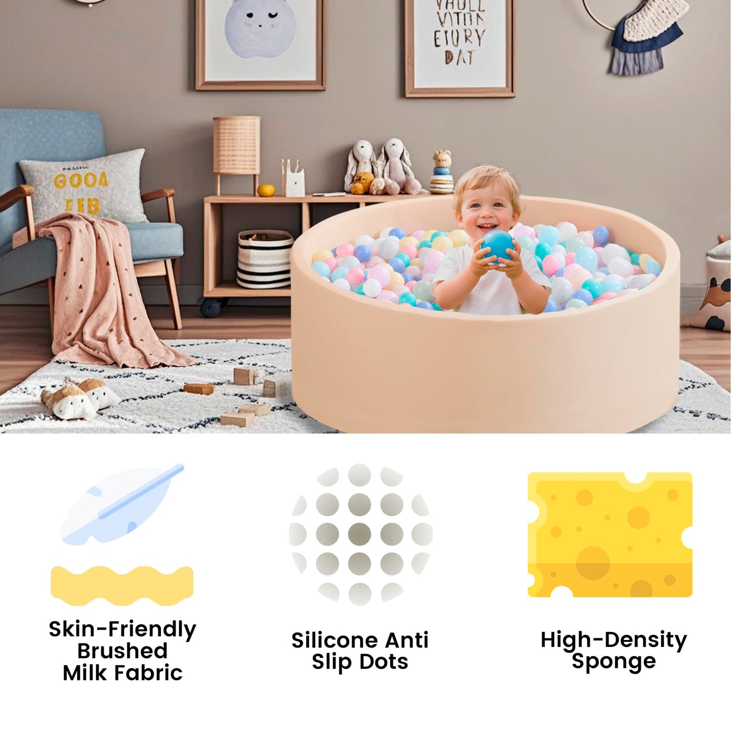Zedachica Ball Pit for Toddlers | 47.24-inch x 15.75-inch Soft Foam Play Space (Beige, Balls Not Included)