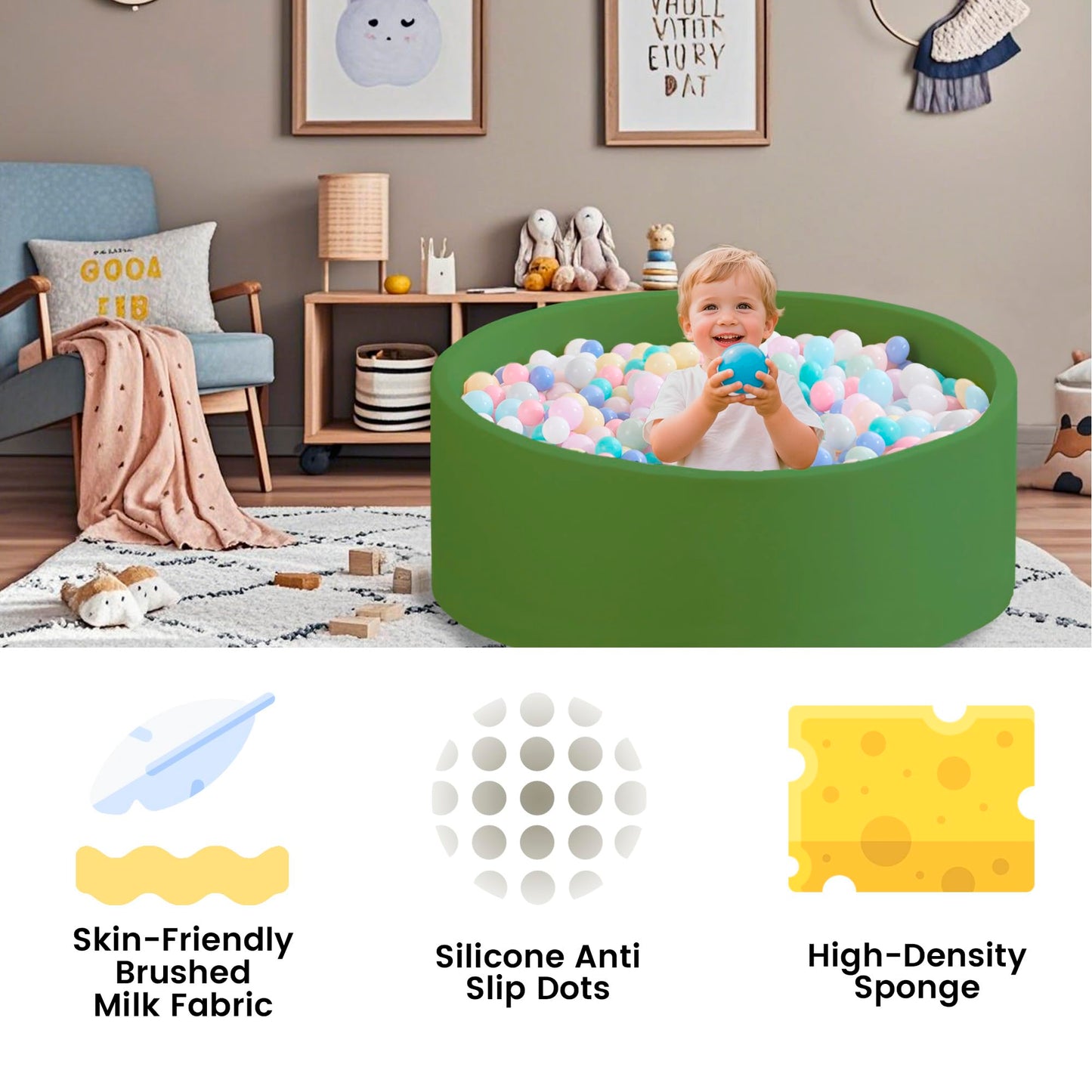 Zedachica Ball Pit for Toddlers – 47.24'' x 15.75'' Foam Ball Pit, Green (No Balls Included)