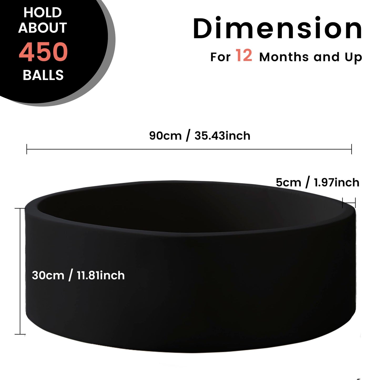 Zedachica Ball Pit for Toddlers - Black, Soft Memory Foam, Easy Clean, 35.43 x 11.81 Inches