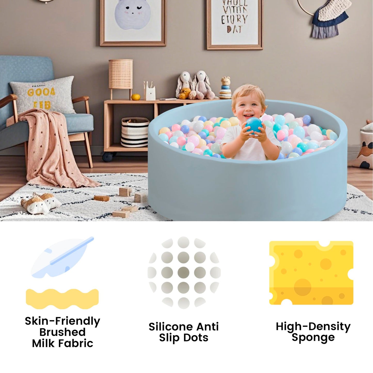 Zedachica Ball Pit for Toddlers – Soft Foam, 47.24 x 15.75 in, Light Blue