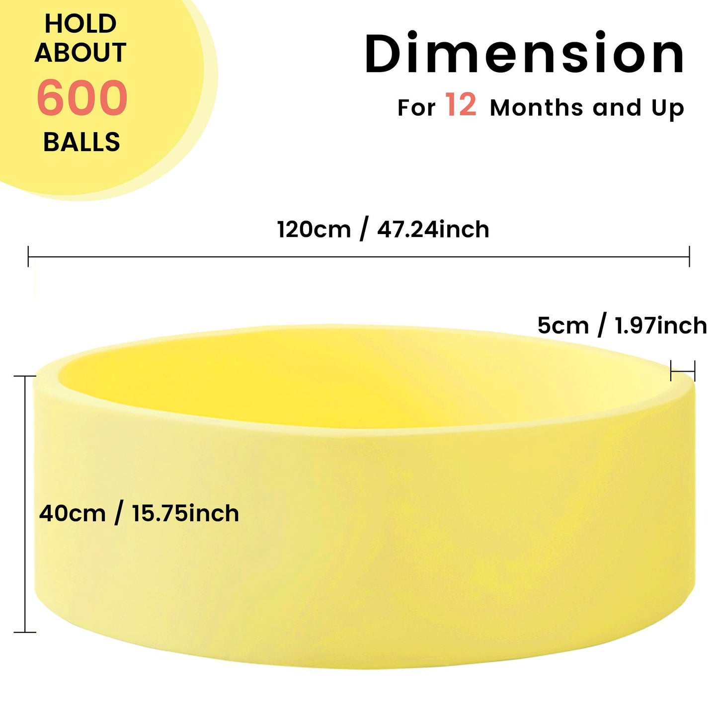 Zedachica Ball Pit for Toddlers - 47.24in x 15.75in Foam Ball Pit, Soft Safe Private Play Space (Yellow, No Balls Included)