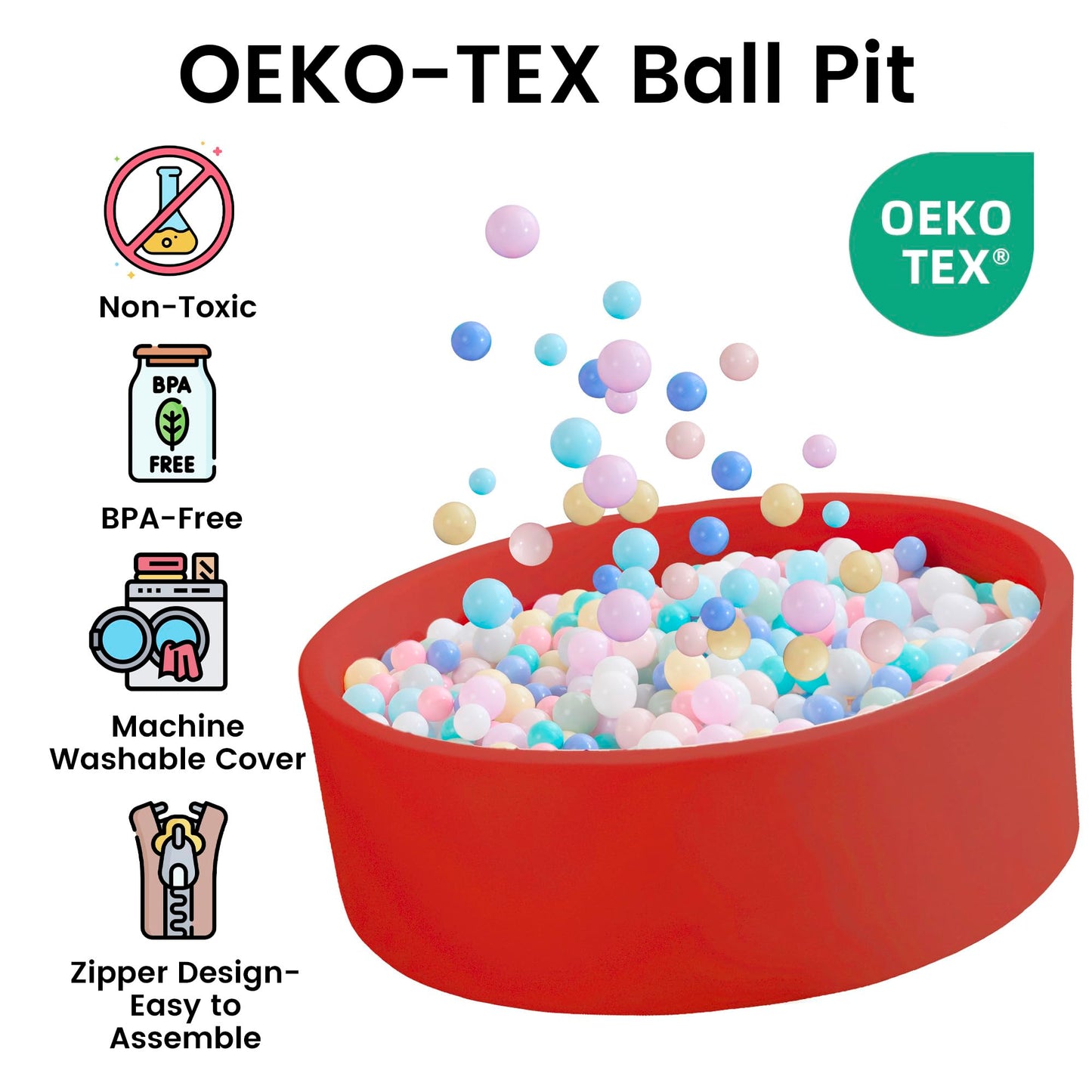 Zedachica Ball Pit for Toddlers — Soft Memory Foam Round Pool, Red (No Balls), 35.4'' x 11.8''