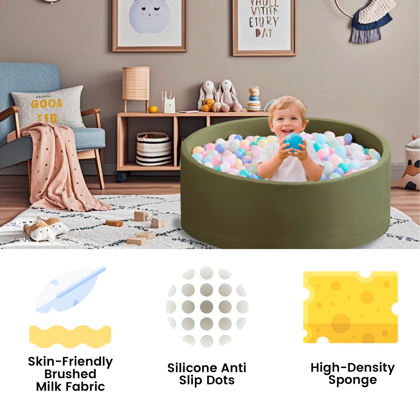 Zedachica Ball Pit for Toddlers — Soft Memory Foam Round Pit in Sage Green (NO Balls) 35.43 in x 11.81 in
