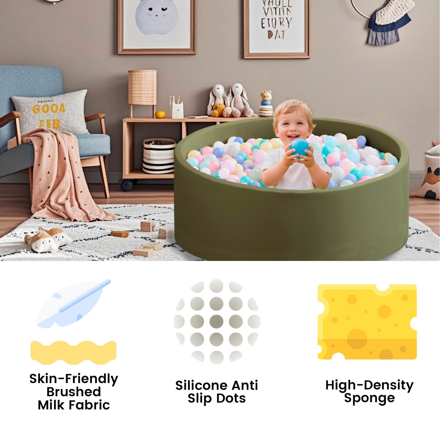 Zedachica Ball Pit for Toddlers – Soft Foam Play Space Sagegreen (NO Balls)