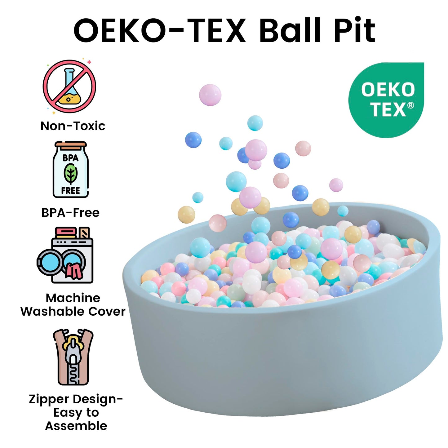 Zedachica Ball Pit for Toddlers – Soft Foam, 47.24 x 15.75 in, Light Blue