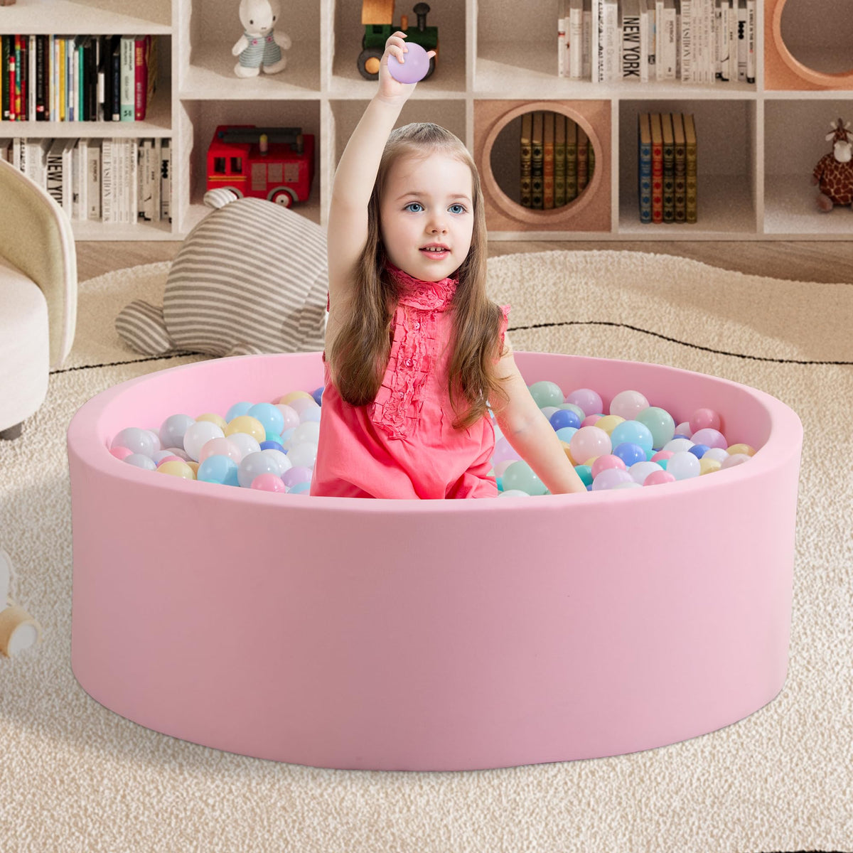 Zedachica Ball Pit for Toddlers — 35.43''x11.81'' Round, Soft Memory Foam, Pink (NO Balls)