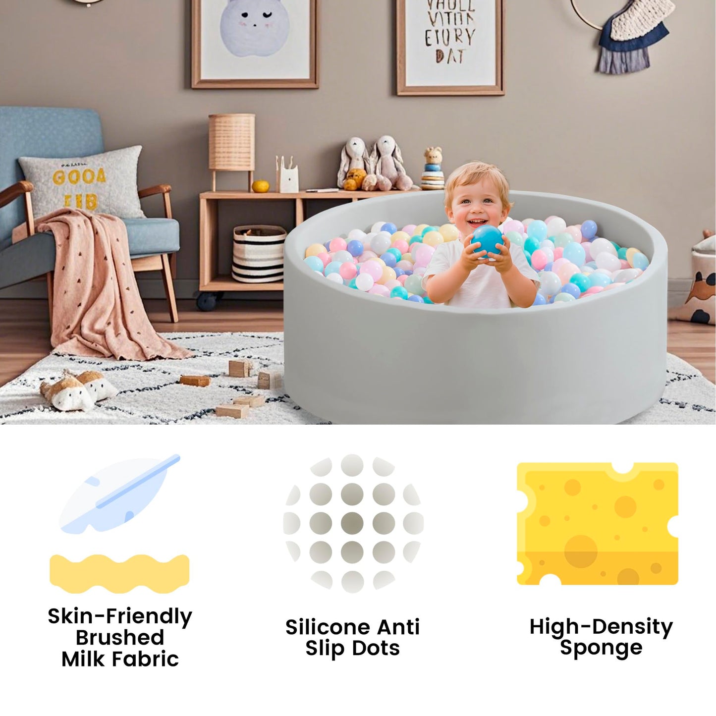 Zedachica Ball Pit for Toddlers – Soft Foam Play Pit 47.24 x 15.75 in (Grey)
