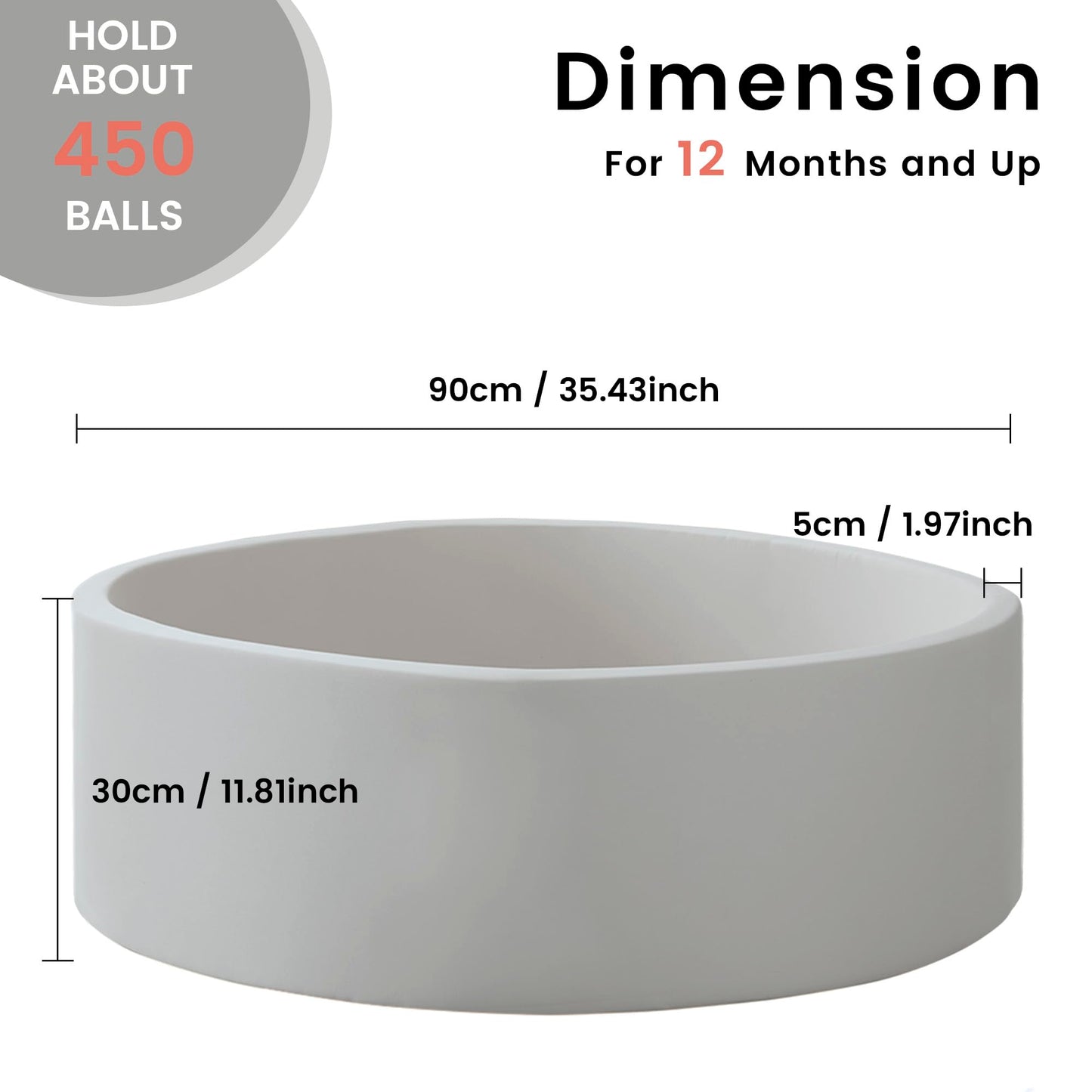 Zedachica Ball Pit for Toddlers 35.43 x 11.81 inches | Soft Memory Foam Round Ball Pit (Grey, NO BALLS)