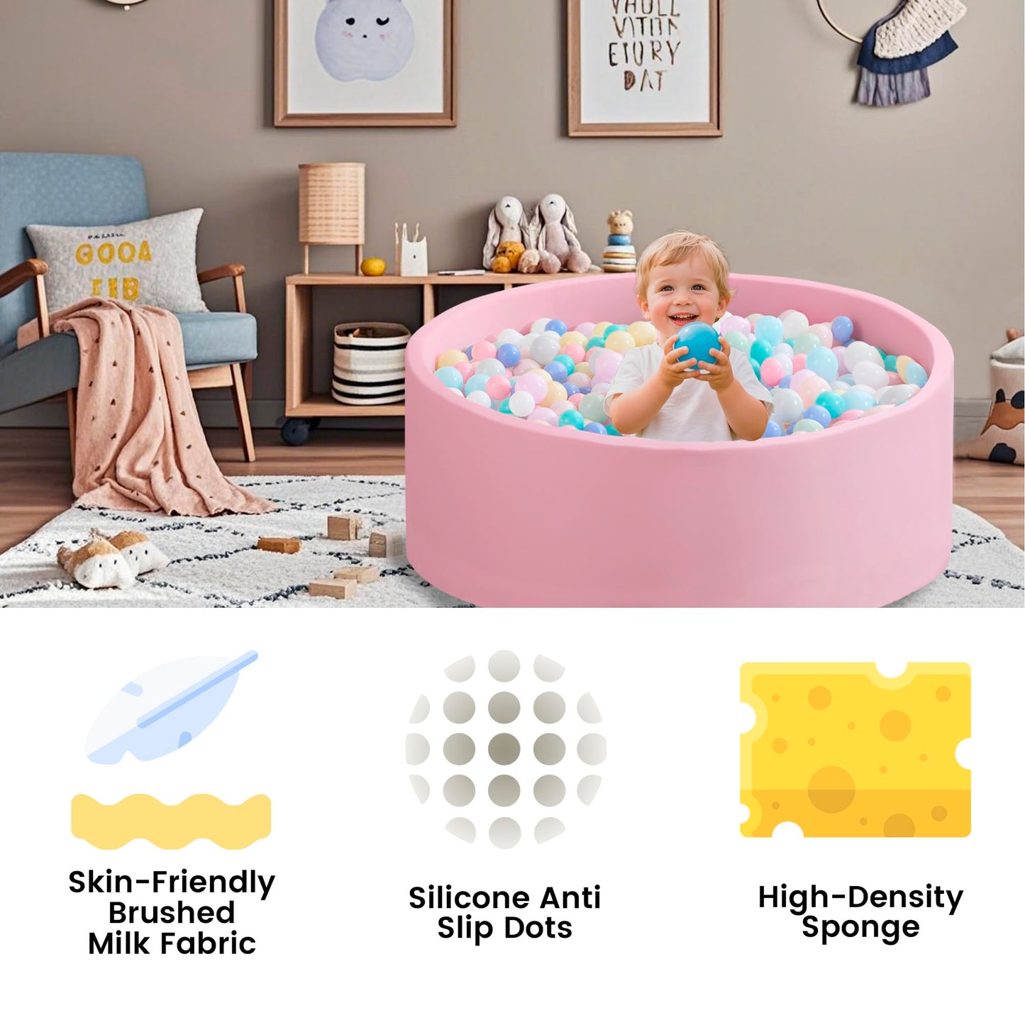 Zedachica Ball Pit for Toddlers – Soft Foam, 47.24'' x 15.75'', Pink (Balls Not Included)