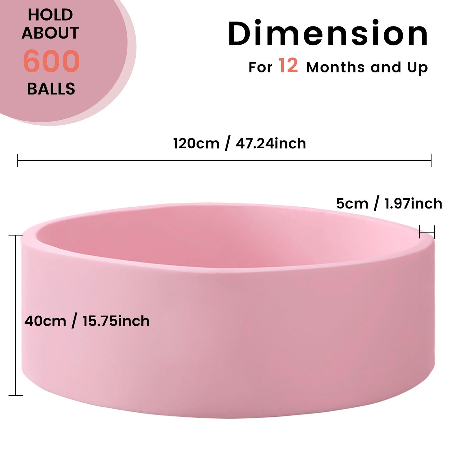 Zedachica Ball Pit for Toddlers – Soft Foam, 47.24'' x 15.75'', Pink (Balls Not Included)
