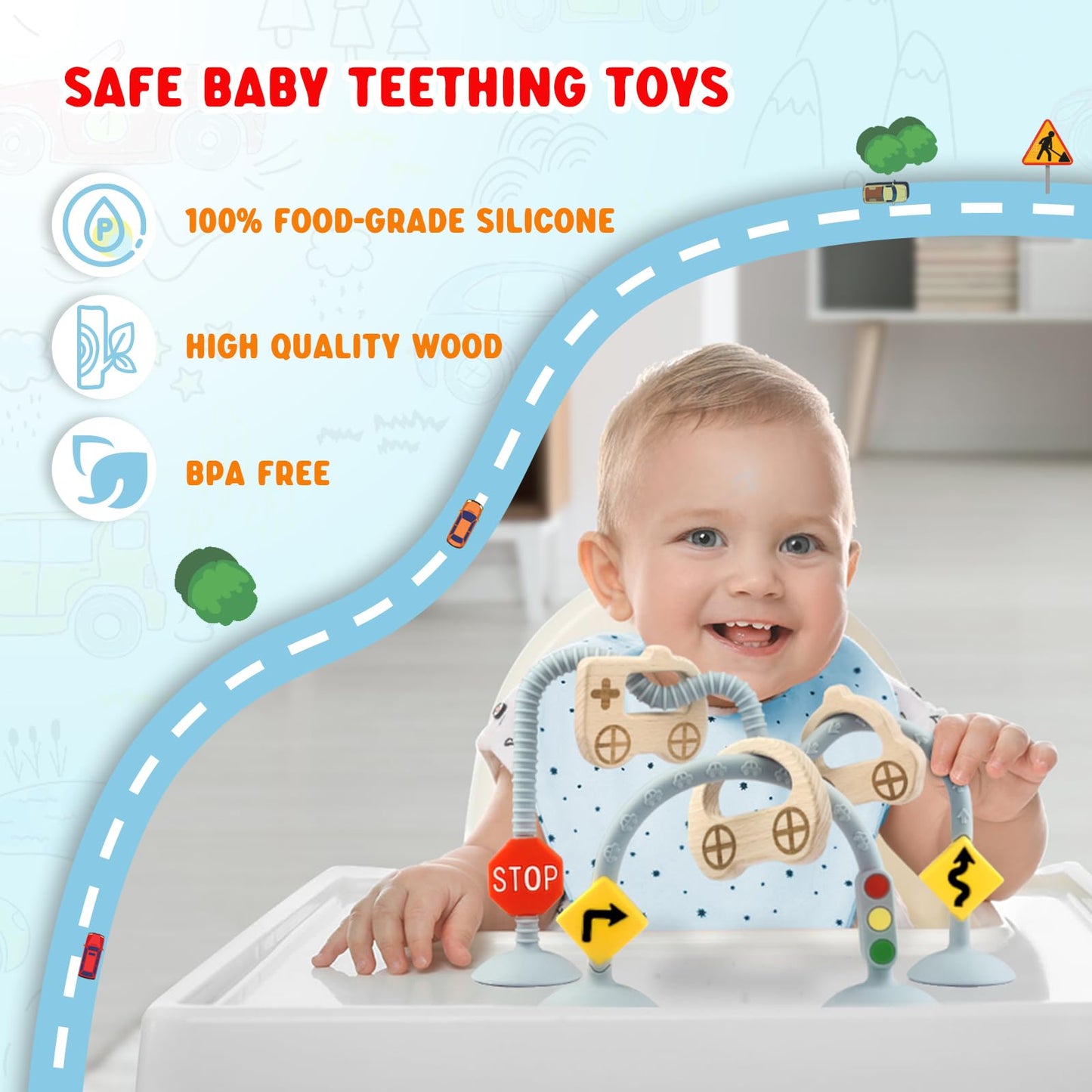 zeeloopbee High Chair Suction Toys – Safe Silicone & Beech Wood Teether for Babies