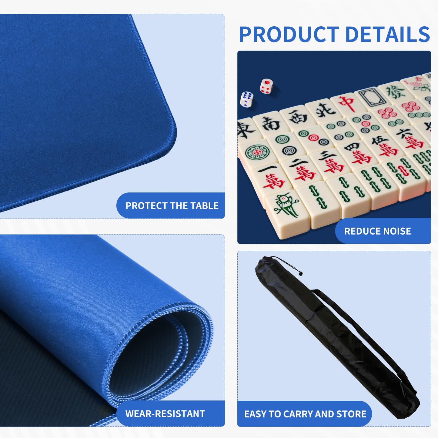 ZEELYER Mahjong Mat 31.5in x 31.5in – Blue, Non-Slip Backing, Carry Bag