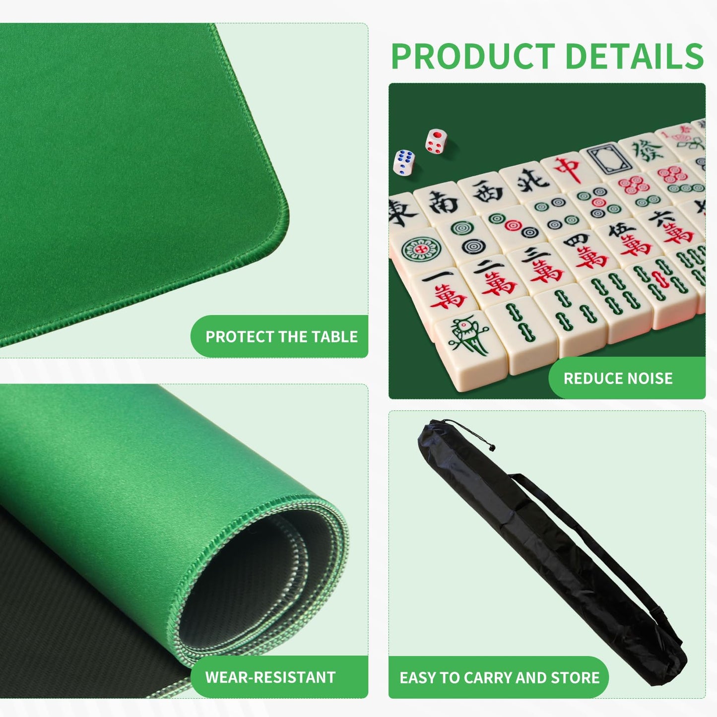 ZEELYER Mahjong Mat 31.5in Green — Non-Slip, Noise-Reducing Table Cover with Carry Bag