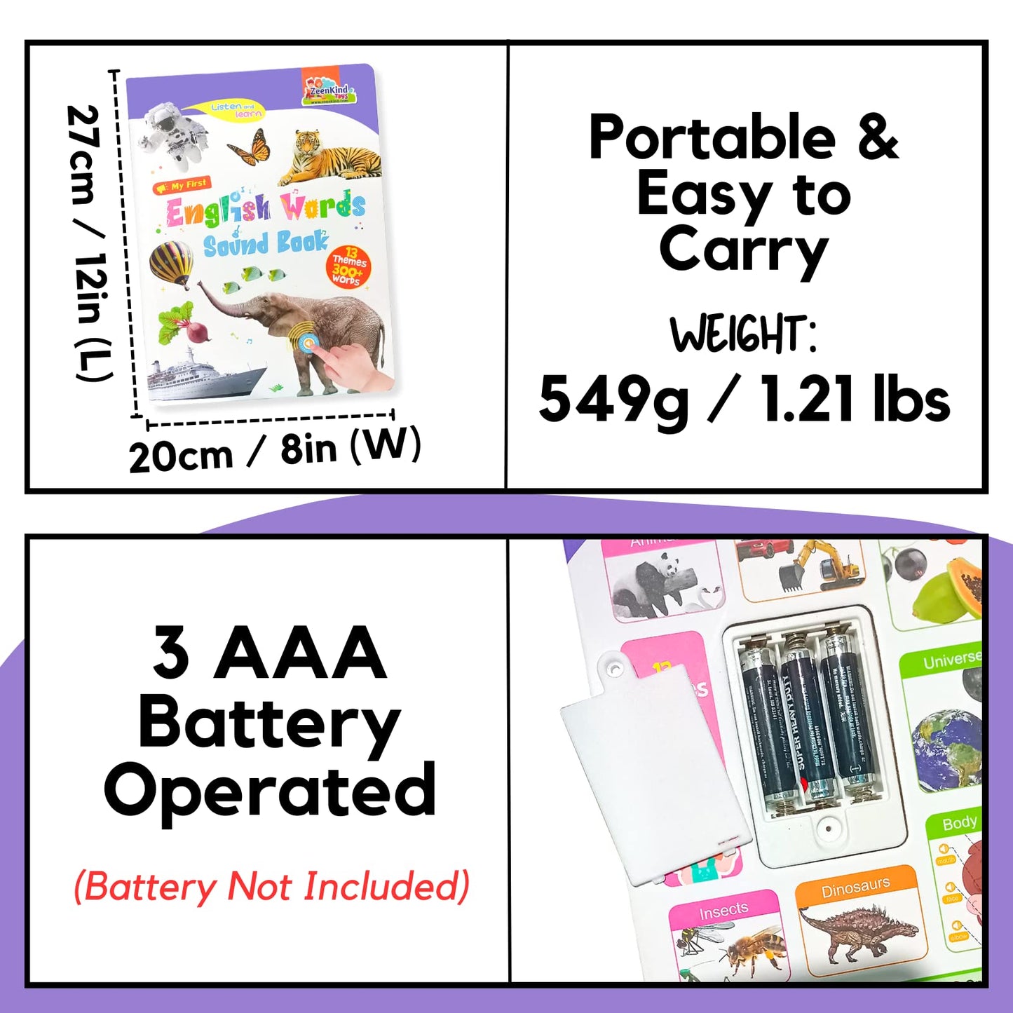 ZeenKind English Words Sound Book for Kids | 300+ Words Talking Interactive Learning Toy