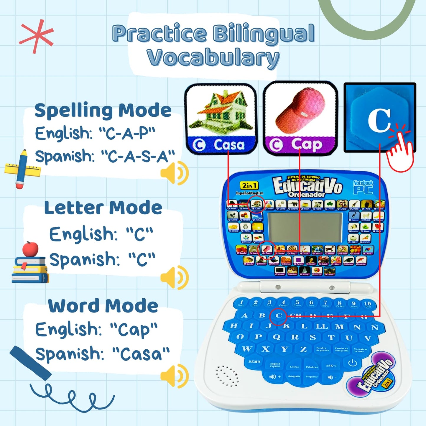 ZEENKIND Spanish & English Small Talking Laptop Toy for Toddlers – Bilingual Alphabet, Numbers & More
