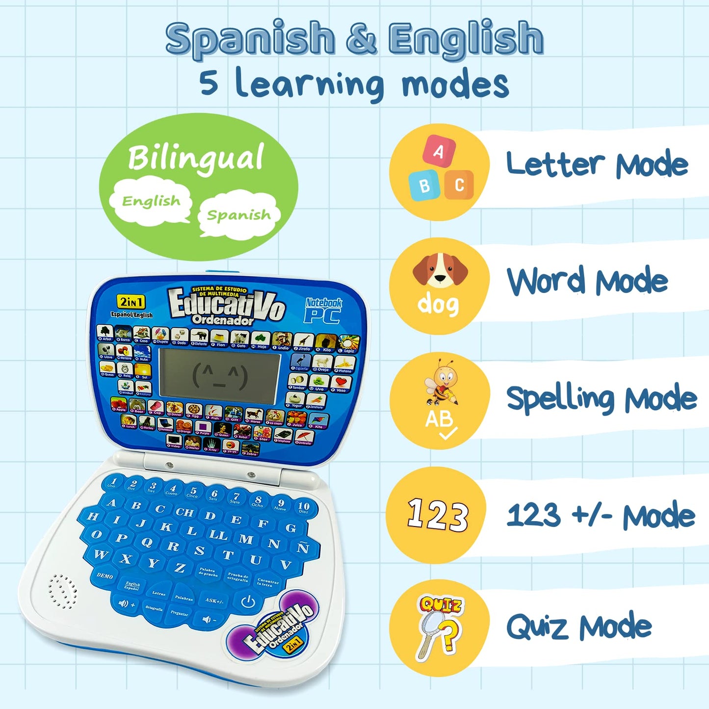 ZEENKIND Spanish & English Small Talking Laptop Toy for Toddlers – Bilingual Alphabet, Numbers & More