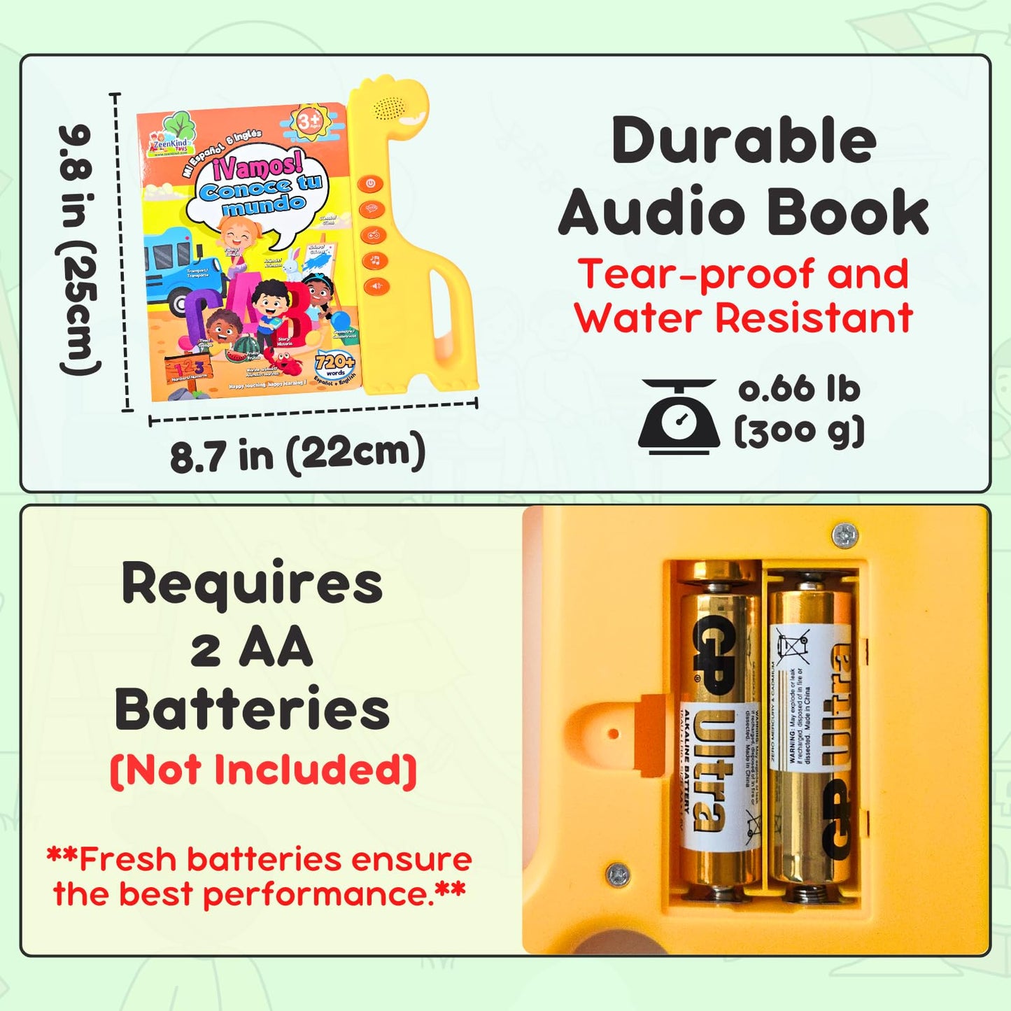 ZEENKIND Spanish-English Sound Book for Kids (2-5) | Bilingual Audio Learning Toy