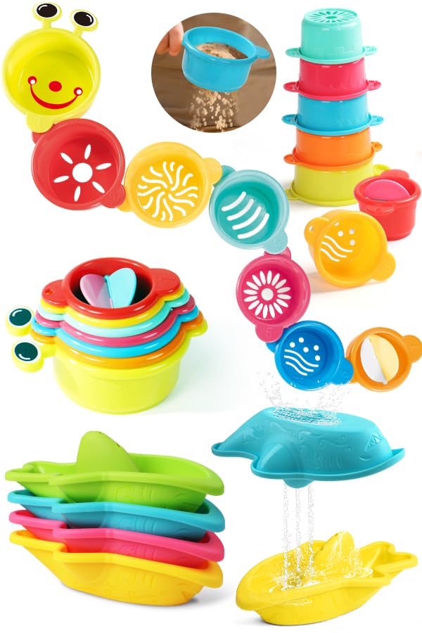 Zeewoo Baby Bath Toys 11-Piece Set for Toddlers 1-3 | Mold-Free Floating Boats & Stacking Cups