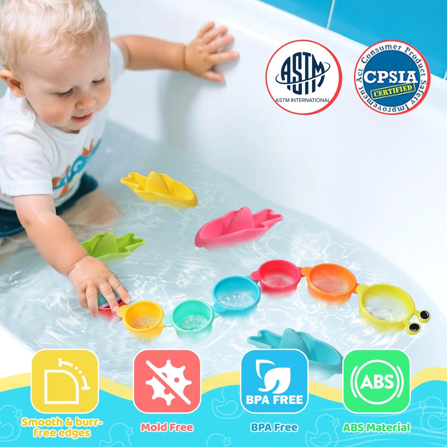 Zeewoo Baby Bath Toys 11-Piece Set for Toddlers 1-3 | Mold-Free Floating Boats & Stacking Cups