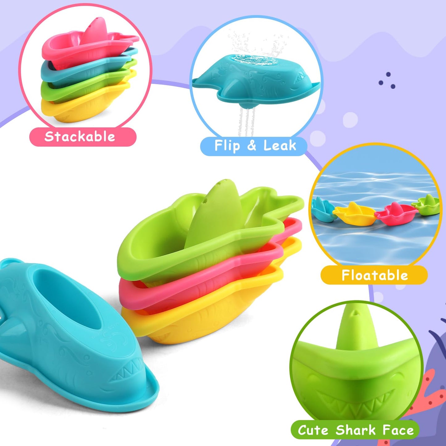 Zeewoo Baby Bath Toys 11-Piece Set for Toddlers 1-3 | Mold-Free Floating Boats & Stacking Cups