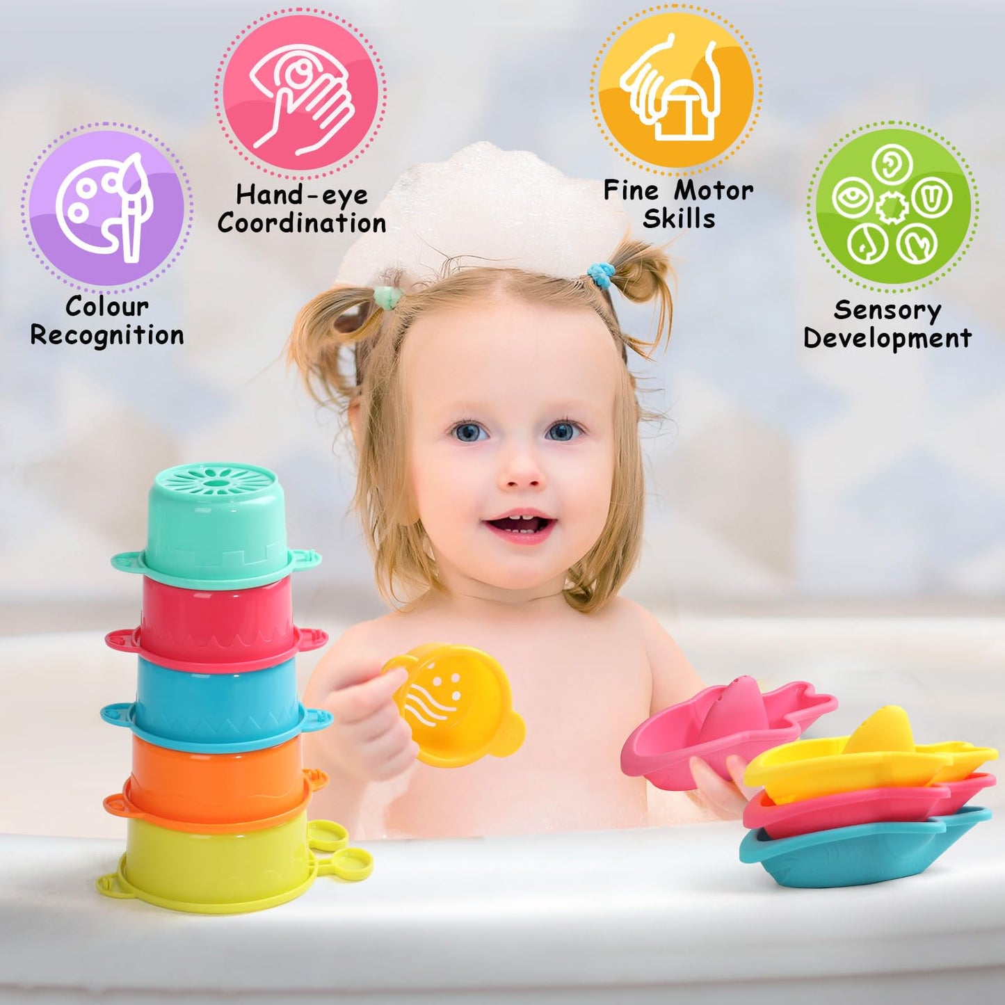 Zeewoo Baby Bath Toys 11-Piece Set for Toddlers 1-3 | Mold-Free Floating Boats & Stacking Cups