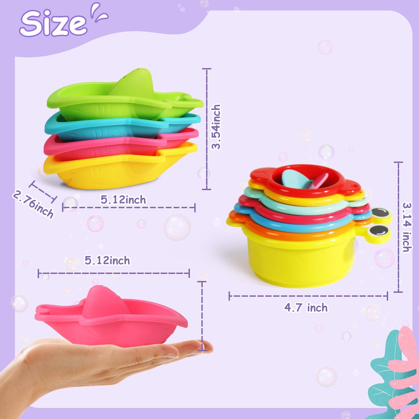 Zeewoo Baby Bath Toys 11-Piece Set for Toddlers 1-3 | Mold-Free Floating Boats & Stacking Cups