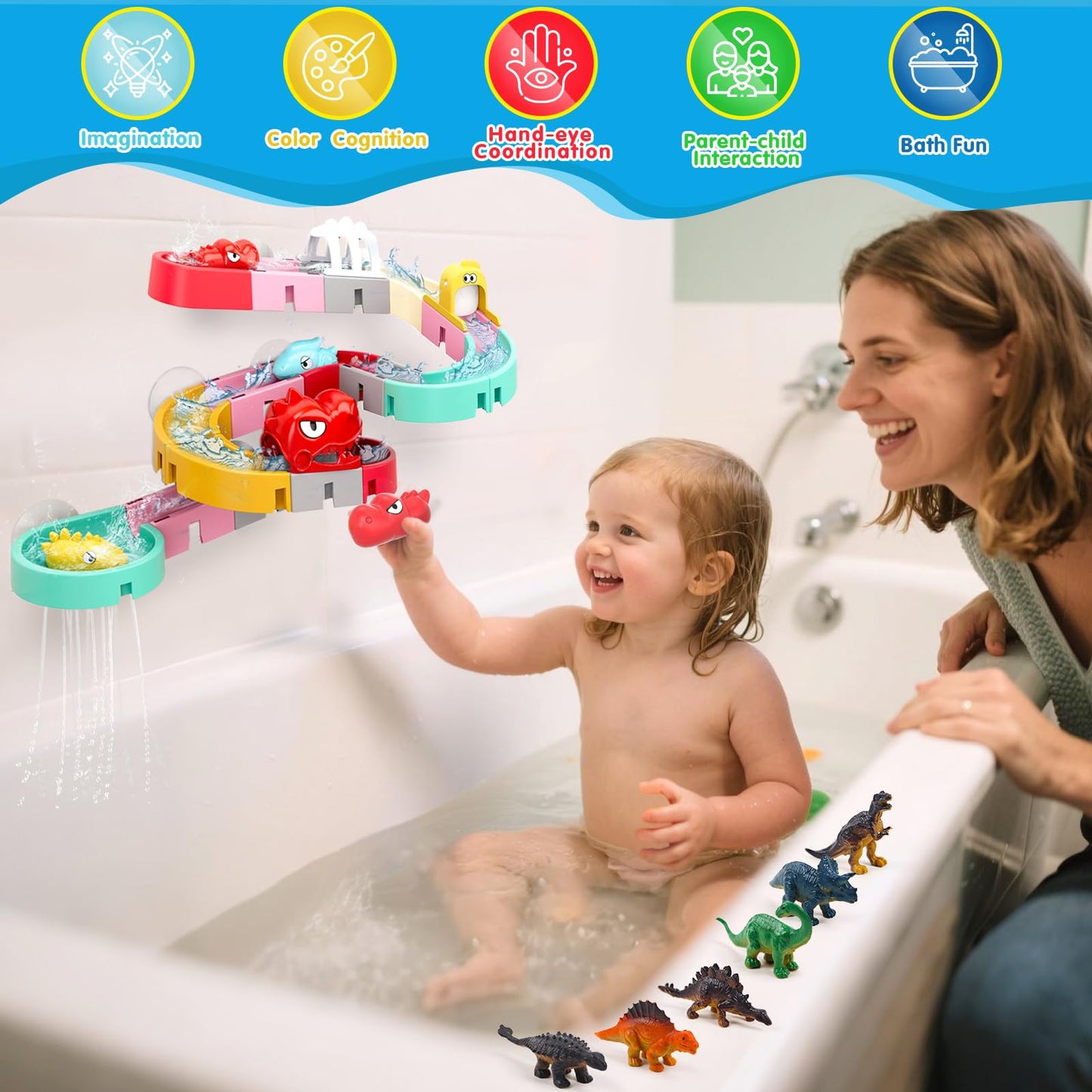 Zeewoo Kids Bath Toys – 30-Piece Dinosaur Race Track Set for Ages 4-8