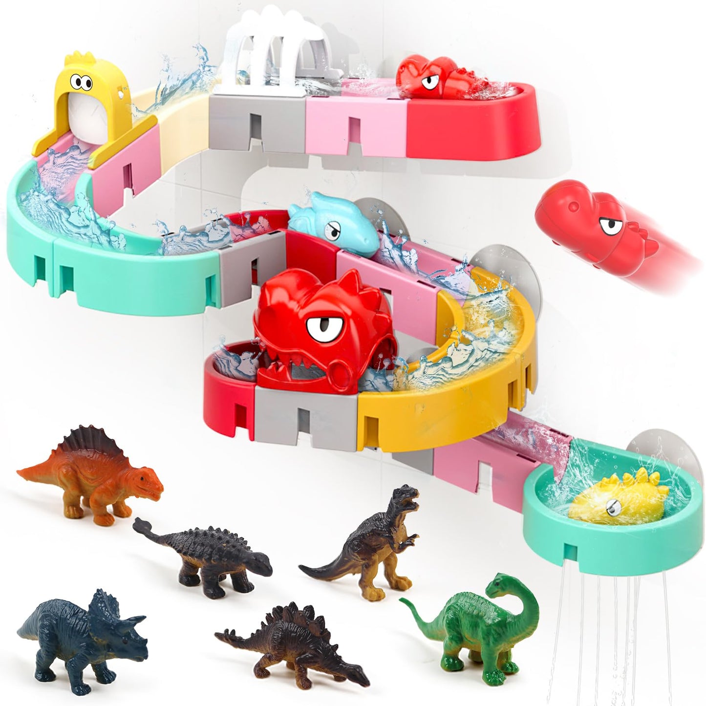 Zeewoo Kids Bath Toys – 30-Piece Dinosaur Race Track Set for Ages 4-8