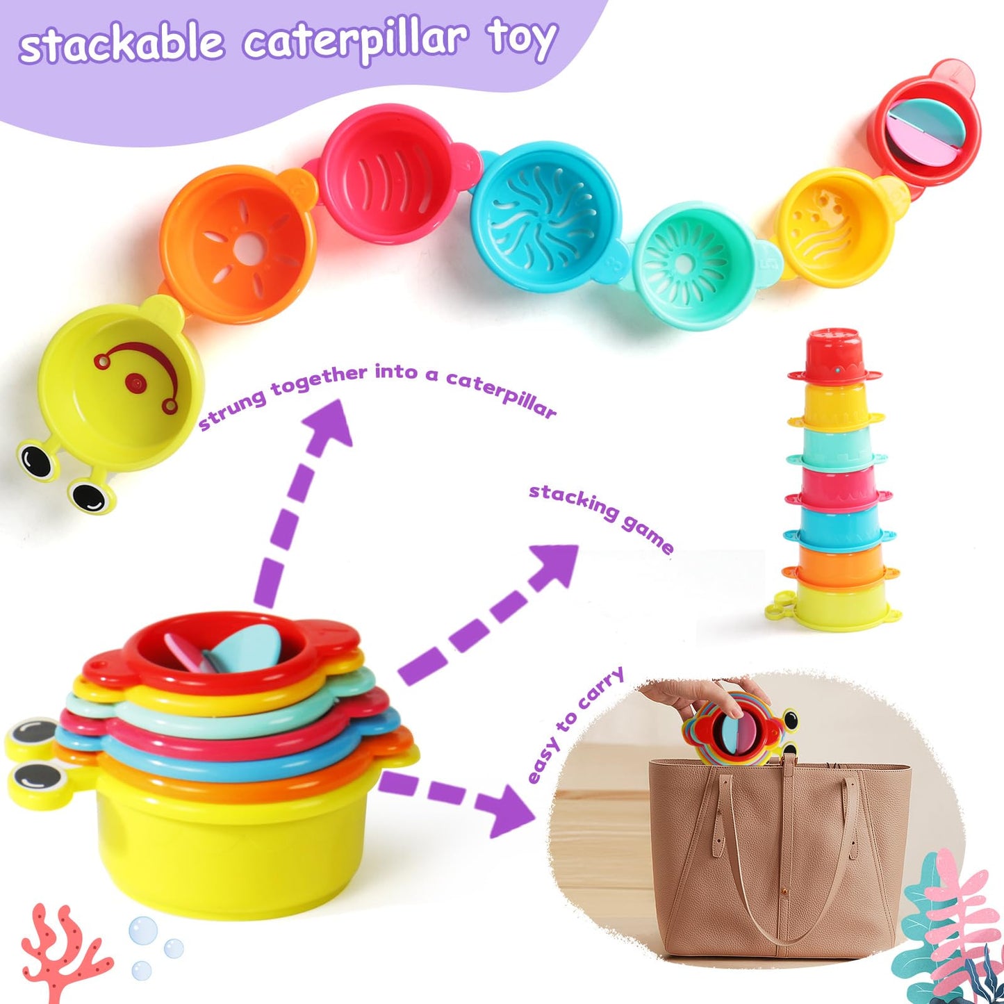 Zeewoo Baby Bath Toys 11-Piece Set for Toddlers 1-3 | Mold-Free Floating Boats & Stacking Cups