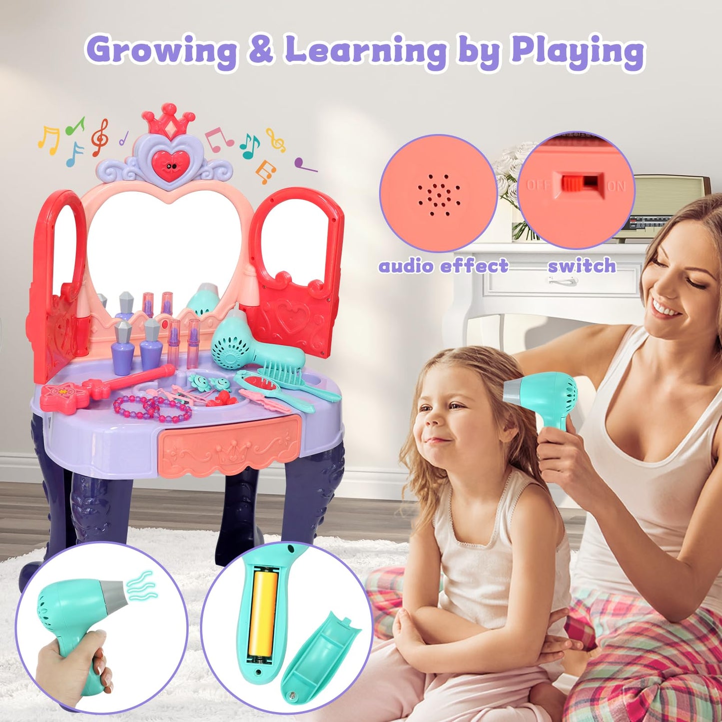 Zefinot Toddler Vanity Table with Mirror, Lights & Music – Girls Vanity Set for Ages 3-5