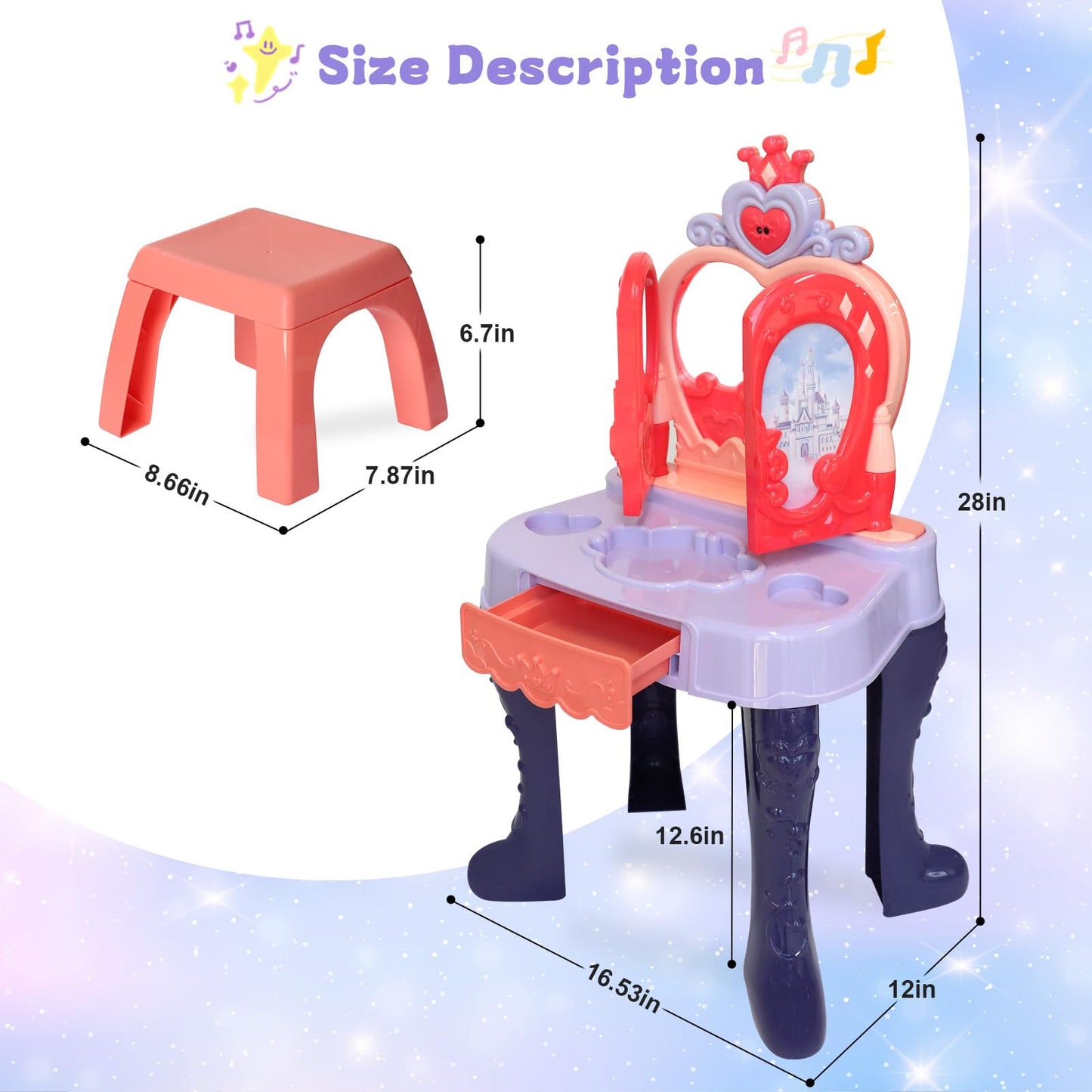 Zefinot Toddler Vanity Table with Mirror, Lights & Music – Girls Vanity Set for Ages 3-5