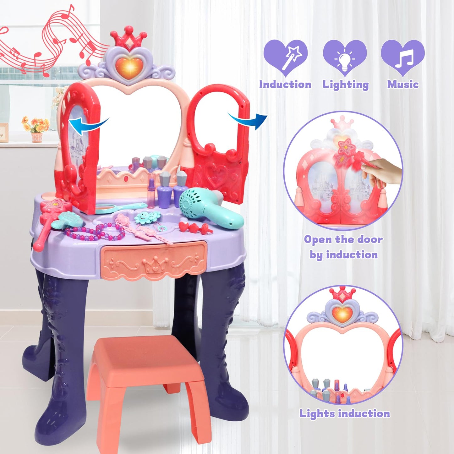 Zefinot Toddler Vanity Table with Mirror, Lights & Music – Girls Vanity Set for Ages 3-5