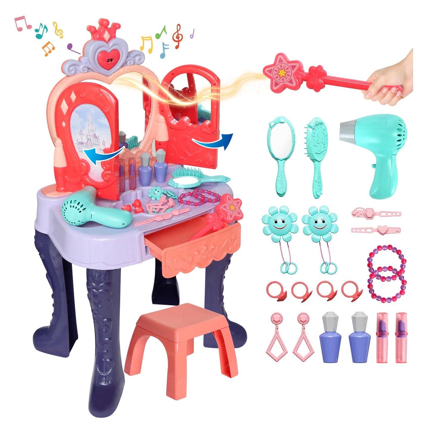 Zefinot Toddler Vanity Table with Mirror, Lights & Music – Girls Vanity Set for Ages 3-5