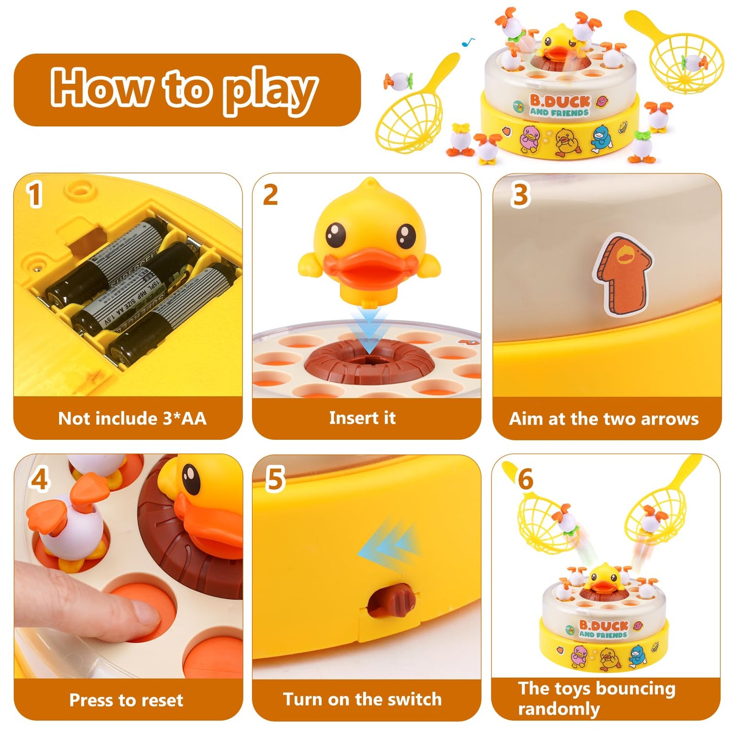 Zelbuck B.Duck Bounce Catch Game – Interactive 2-Player Family Board Game for Kids 3-7 (Yellow)