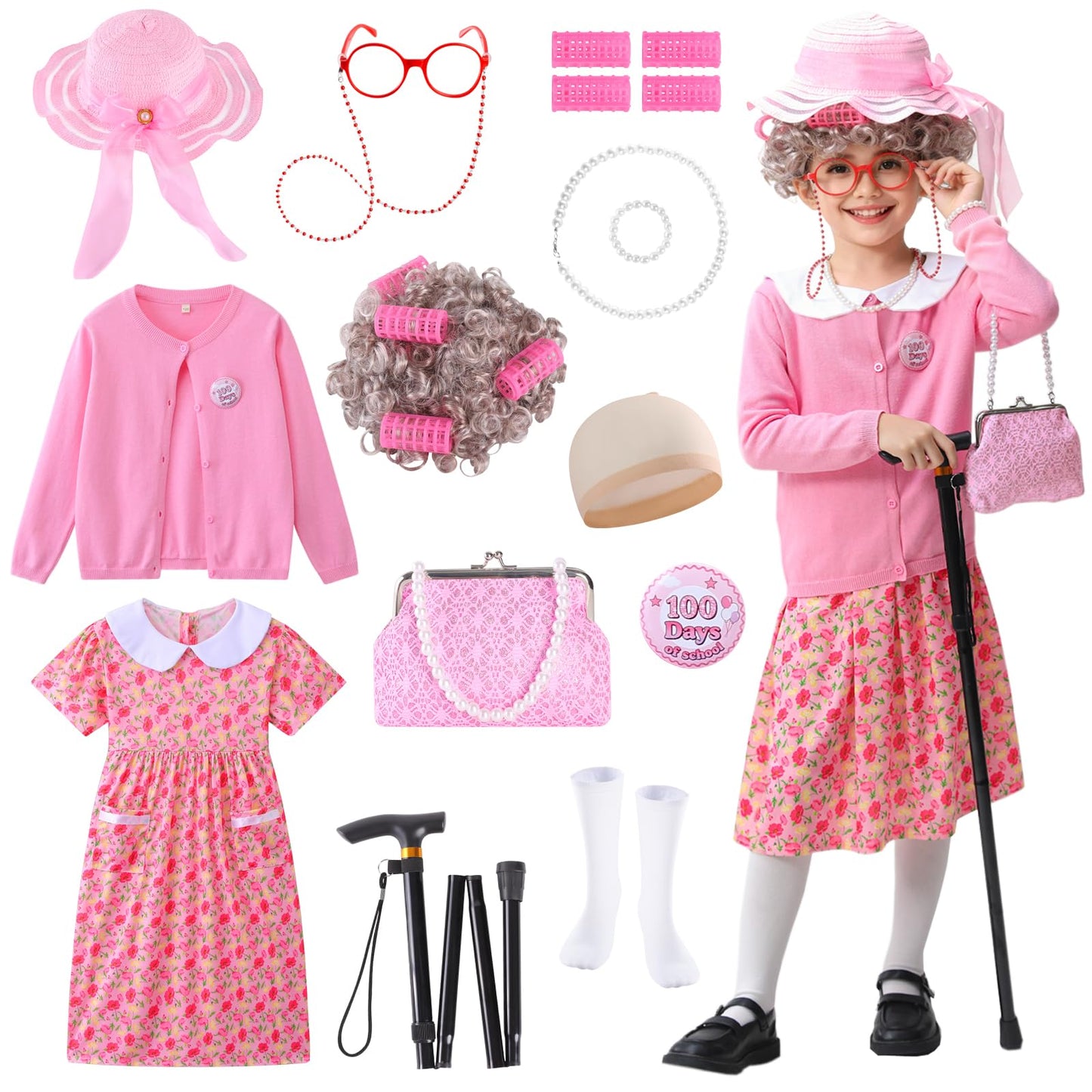 ZelJoyla 100 Days of School Old Lady Costume for Girls - 13-Piece Granny Dress-Up Set