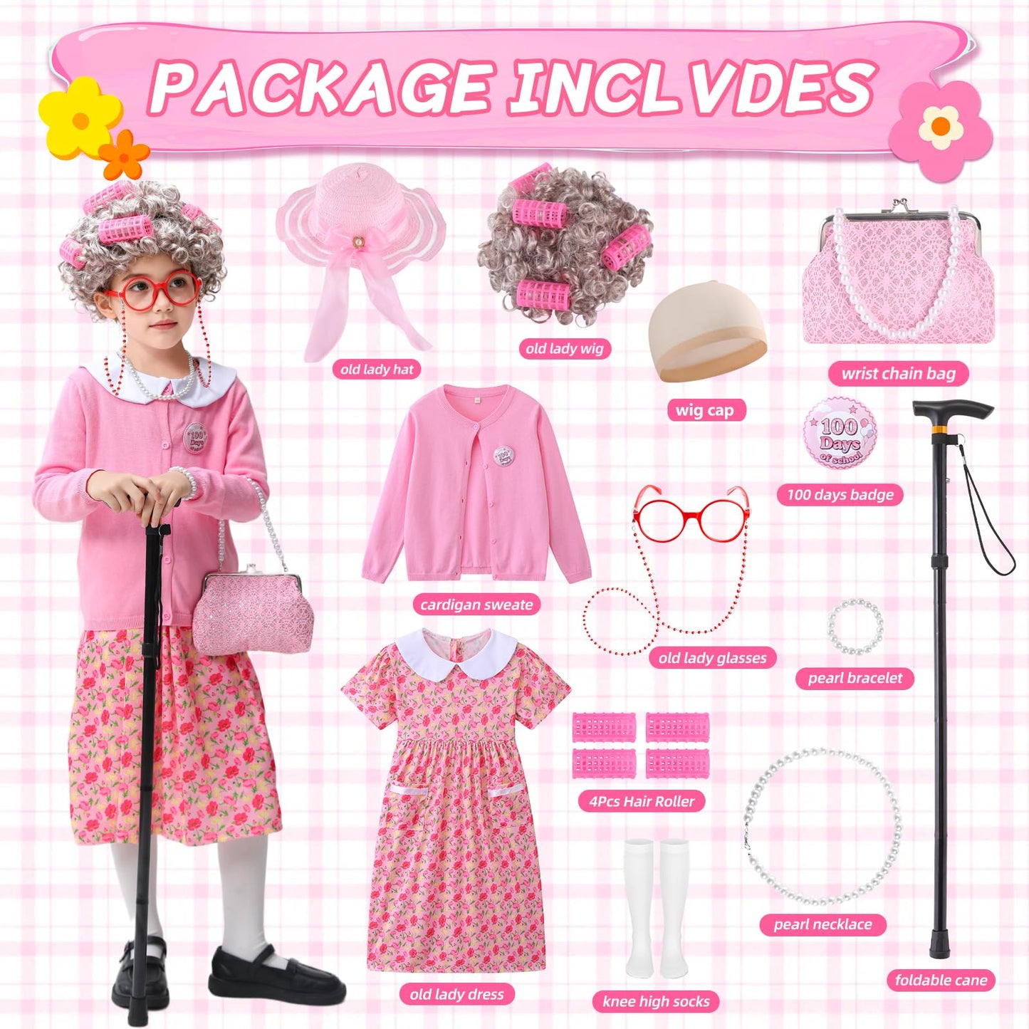 ZelJoyla 100 Days of School Old Lady Costume — 13-Piece Girls Cosplay Set (Size 110)