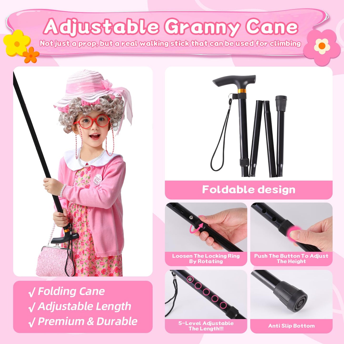 ZelJoyla 100 Days of School Old Lady Costume for Girls - 13-Piece Granny Dress-Up Set