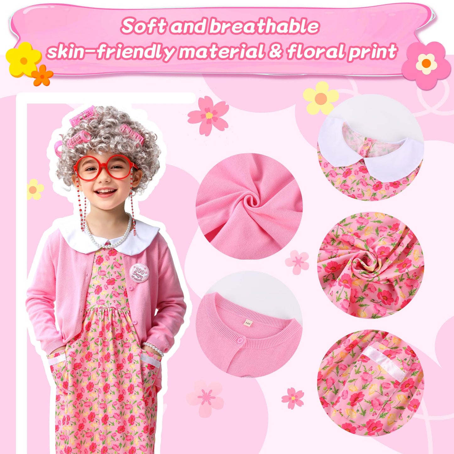 ZelJoyla 100 Days of School Old Lady Costume — 13-Piece Girls Cosplay Set (Size 110)
